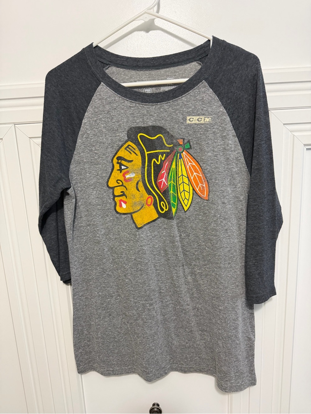 Chicago Blackhawks CCM Heather Gray and Charcoal Crewneck Raglan